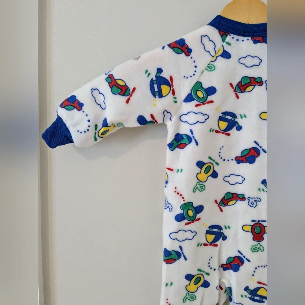 Vintage Carter's Airplane Cloud Helicopter Print 80s Fleece Pajamas Size 18M